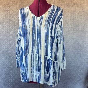 NIC+ZOE Blue, White & Yellow Painterly Stripe Knit Top with 3/4 sleeve.